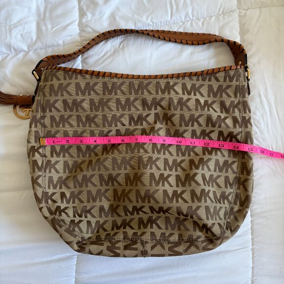 Michael Kors Bennet Monogram Jacquard Leather Trim Tassel  Michael Kors Bennet Monogram Jacquard Leather Trim Tassel Brown Hobo Handbag